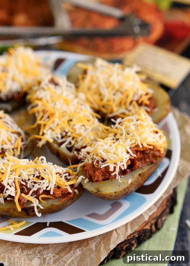 A close-up of a loaded potato skin, topped with sour cream, crispy bacon, and fresh green onions.
