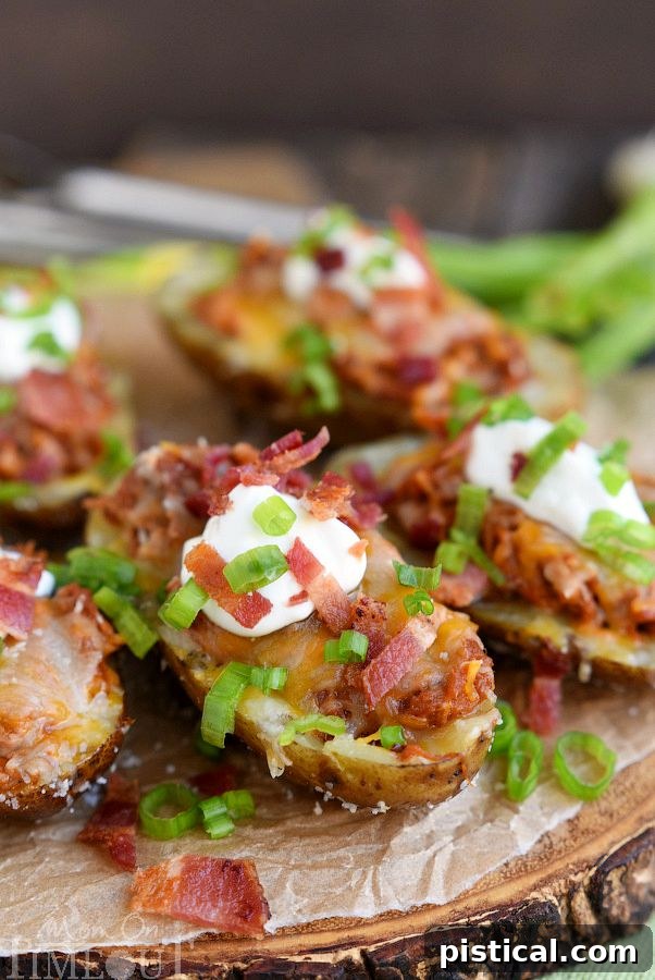 A platter of Fully Loaded Grilled BBQ Pork Potato Skins, ready to be served at a summer gathering.