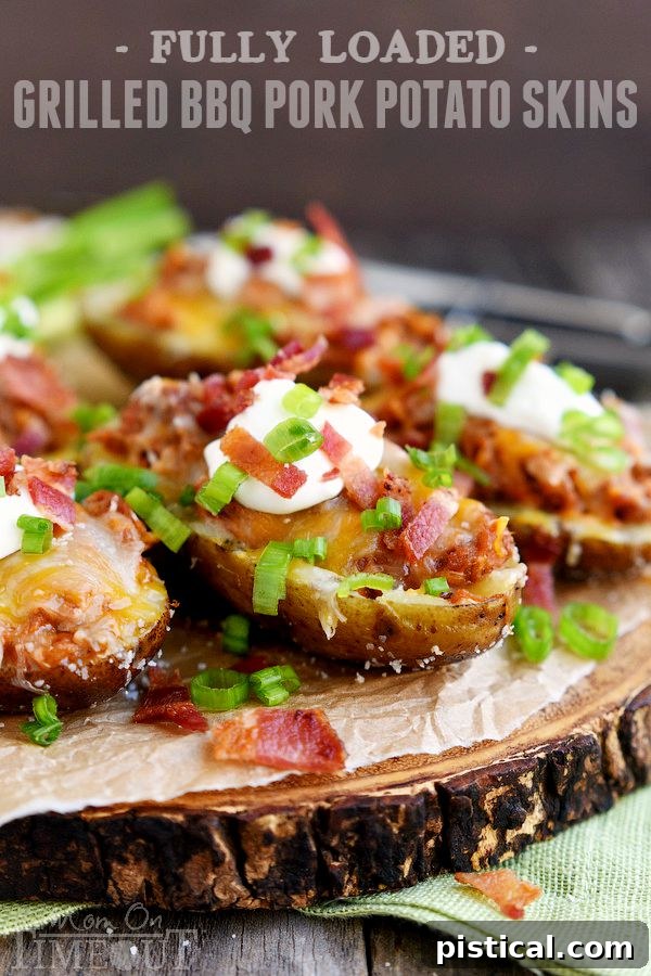 Delicious grilled BBQ pork potato skins with a fresh garnish.