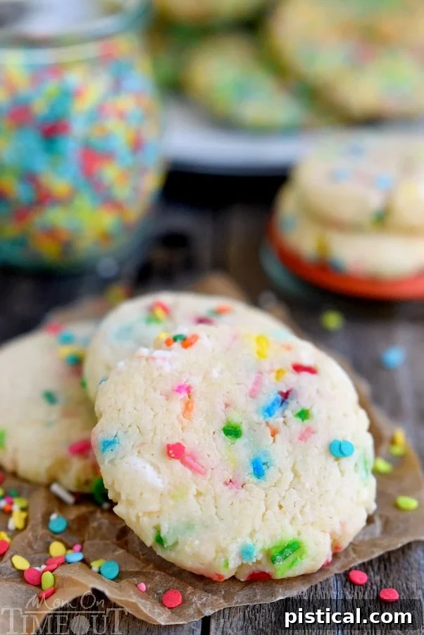 Closeup of a freshly baked Funfetti Cake Mix Cookie, highlighting its moist texture and vibrant colorful sprinkles.