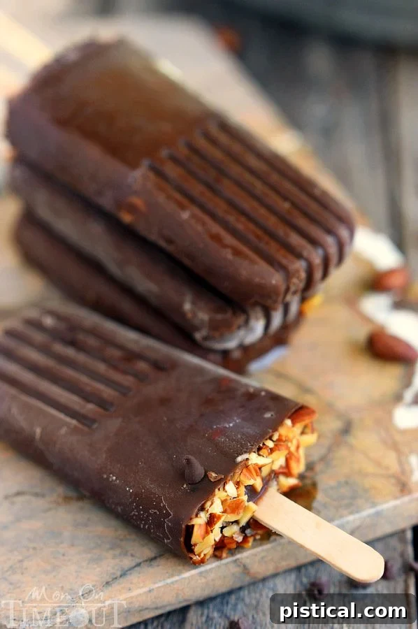 Mocha Almond Fudge Pudding Pops with chocolate chips and almonds