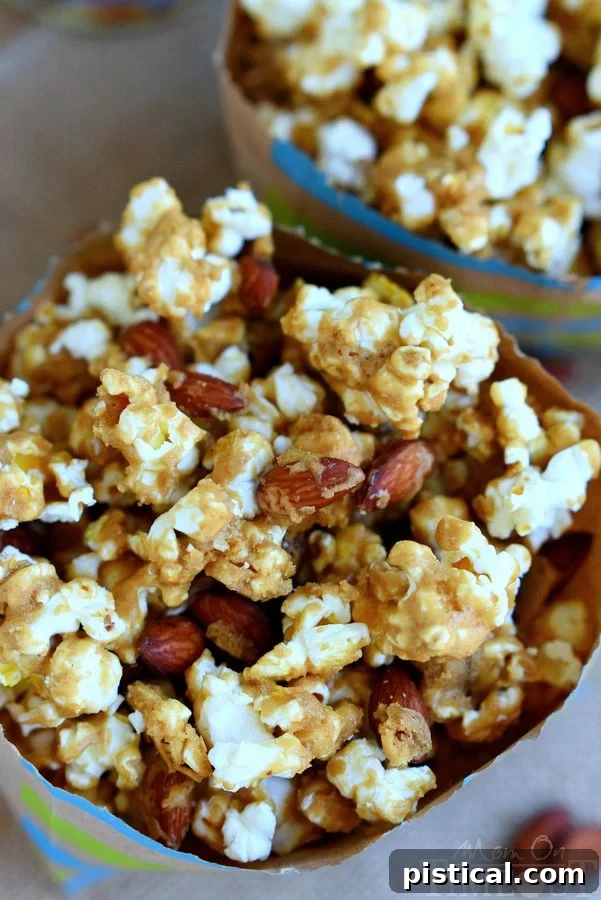 Close-up of a bowl of delicious Salted Caramel Popcorn with Almonds, perfect for sharing.