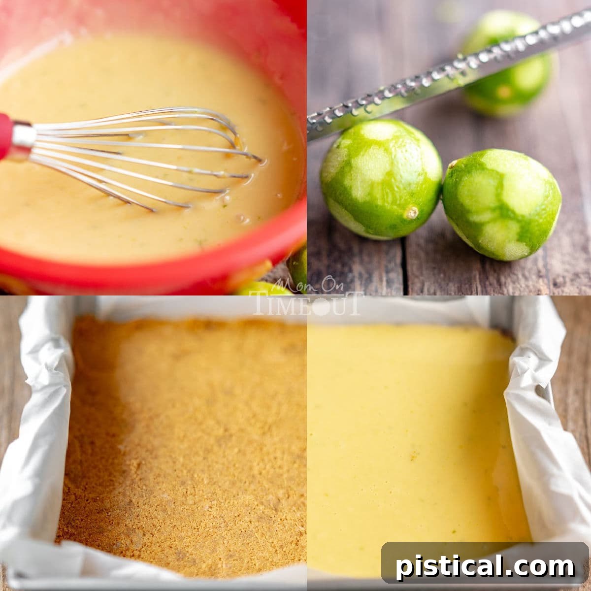 Zesty Key Lime Squares 5 A four-image collage demonstrating the step-by-step process of making Key Lime Pie Bars, from combining ingredients to pressing the crust and whisking the filling, illustrating the ease of preparation.