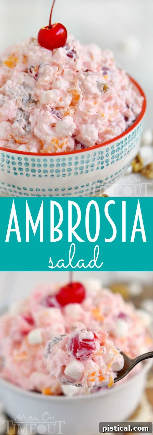 A visually appealing image of Ambrosia Salad with Cool Whip and sour cream, showcasing the creamy texture and colorful ingredients for a tempting dessert.