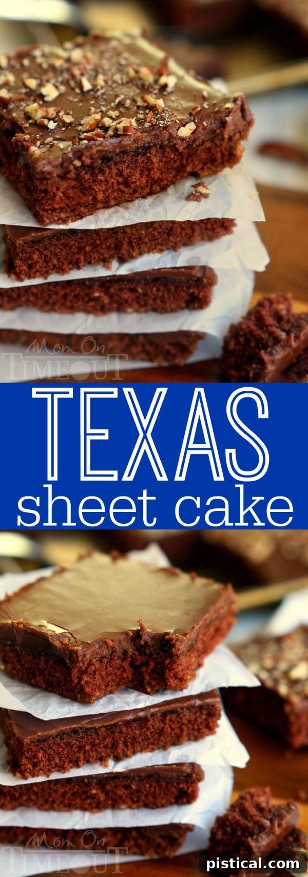 The Ultimate Texas Sheet Cake 8 A delicious collage of Texas Sheet Cake images, showing its rich texture and tempting chocolate frosting, with or without nuts.