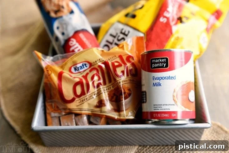 Key ingredients for Carmelitas recipe: refrigerated chocolate chip cookie dough, Kraft caramels, evaporated milk, and semi-sweet chocolate chips laid out on a clean surface.