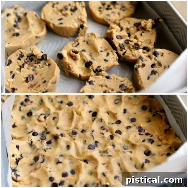 Chocolate chip cookie dough expertly pressed into an even layer at the bottom of a baking dish, forming the base for Carmelitas.