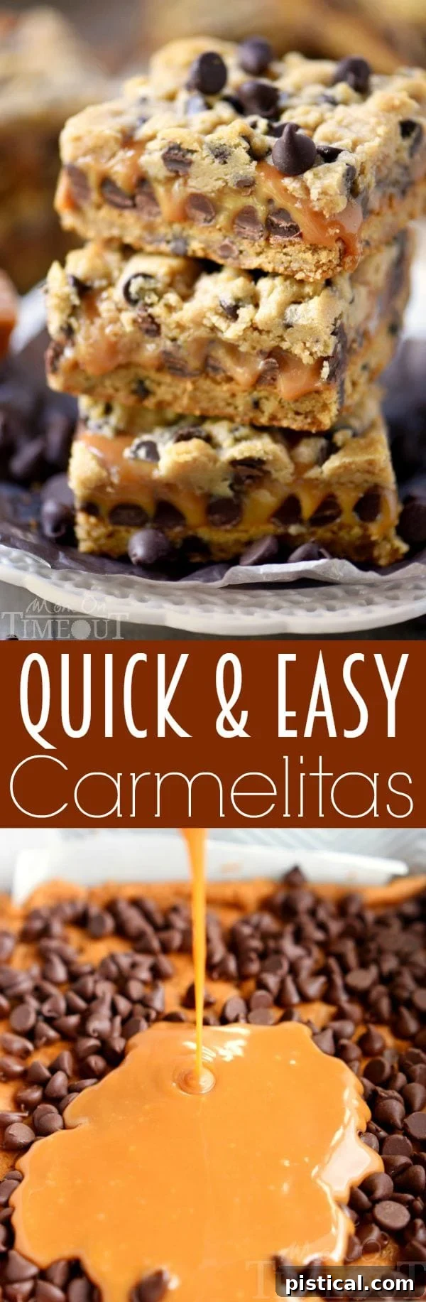A vibrant Pinterest pin graphic showcasing the Quick and Easy Carmelitas, highlighting their four-ingredient simplicity and gooey caramel center.