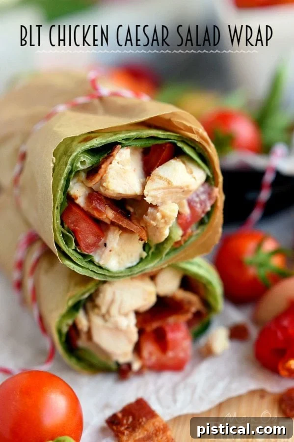 Delicious BLT Chicken Caesar Salad Wrap, perfect for a quick and healthy meal. Features grilled chicken, crispy bacon, fresh tomato, and Caesar dressing, all in a convenient wrap. | MomOnTimeout.com | #recipe #ad