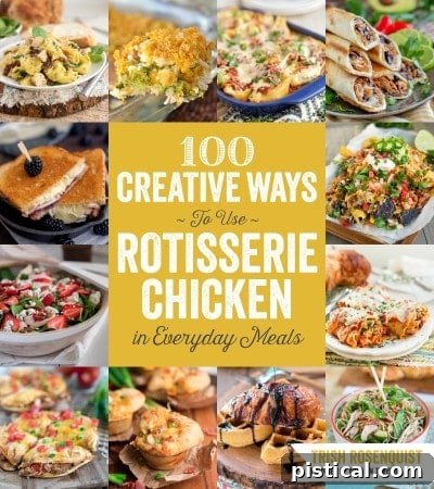 Cover of the cookbook '100 Creative Ways to Use Rotisserie Chicken in Everyday Meals', featuring appealing chicken dishes. | MomOnTimeout.com