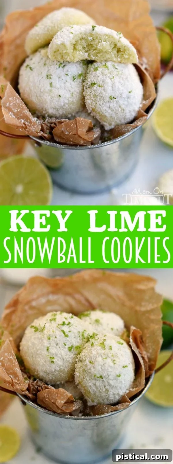 Tangy Key Lime Melt-Aways 7 Close-up of Key Lime Snowball Cookies showing their delicate texture and generous powdered sugar coating.