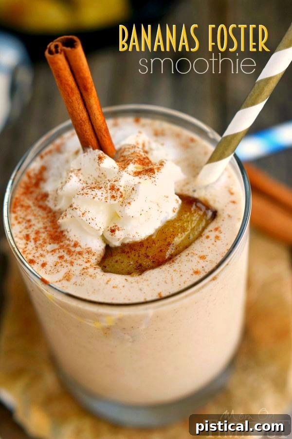 Delicious Bananas Foster Smoothie with caramel drizzle and whipped cream, a perfect protein-packed breakfast or snack. Recipe by MomOnTimeout.com
