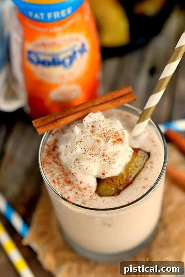 Ingredients for Bananas Foster Smoothie, featuring International Delight Caramel Macchiato creamer.