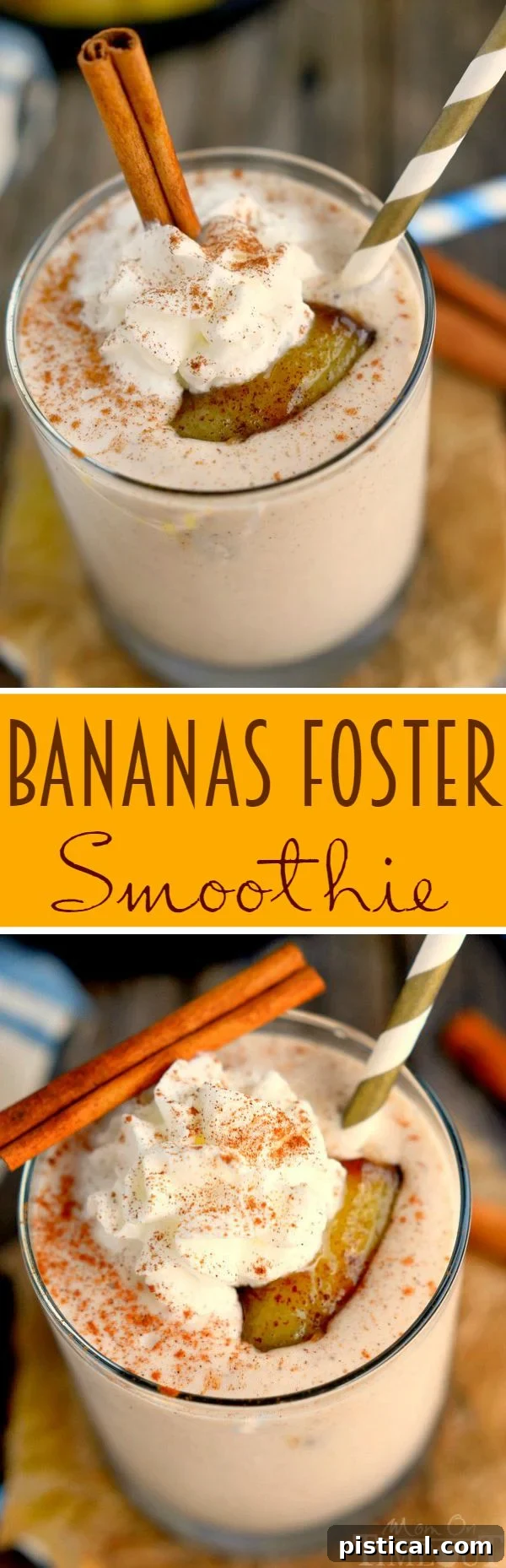 Stacked Bananas Foster Smoothie with whipped cream and cinnamon drizzle, showcasing a vibrant, delicious breakfast idea.