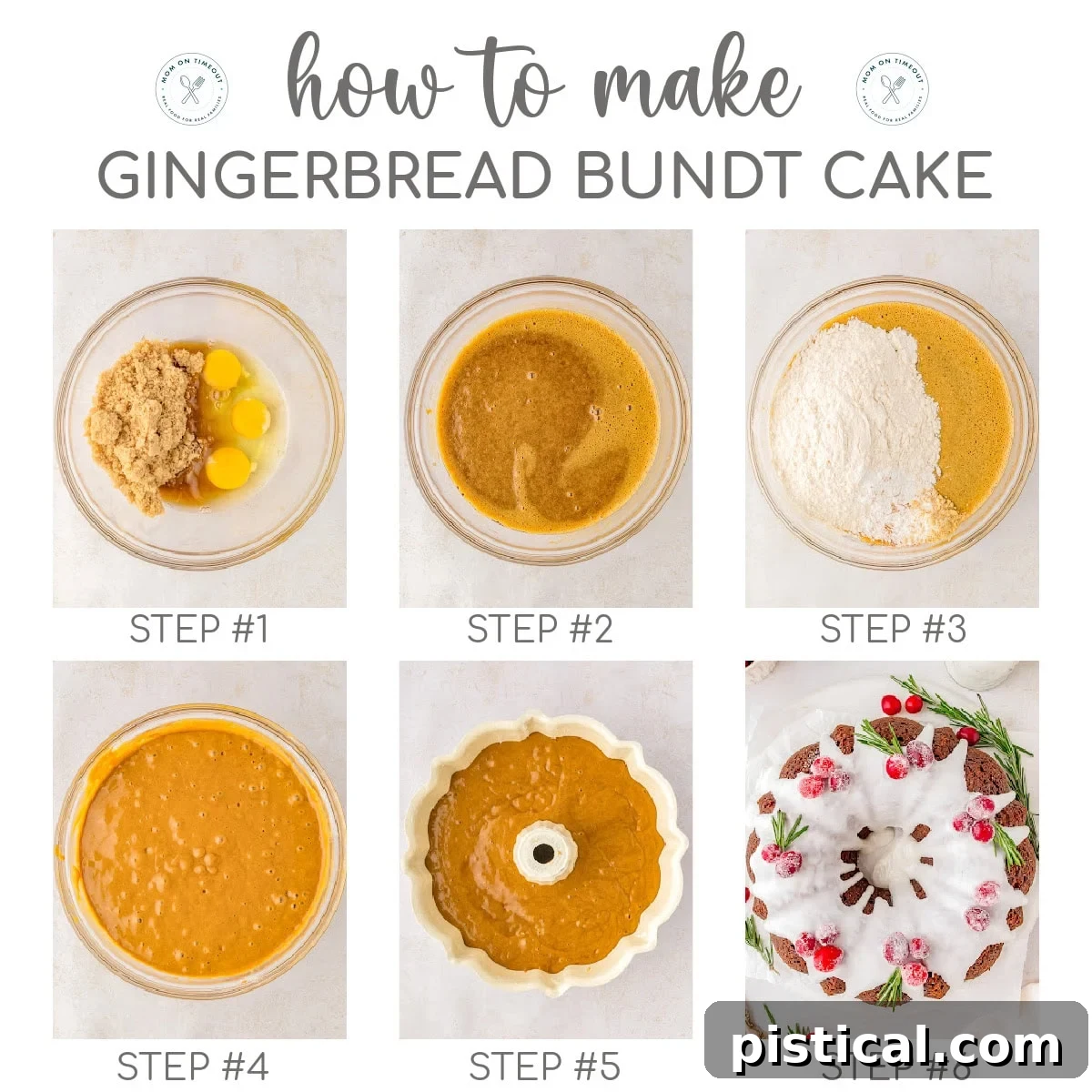 Cozy Gingerbread Bundt Delight 5 A six-image collage displaying the step-by-step process of making a gingerbread bundt cake from batter to finished product.