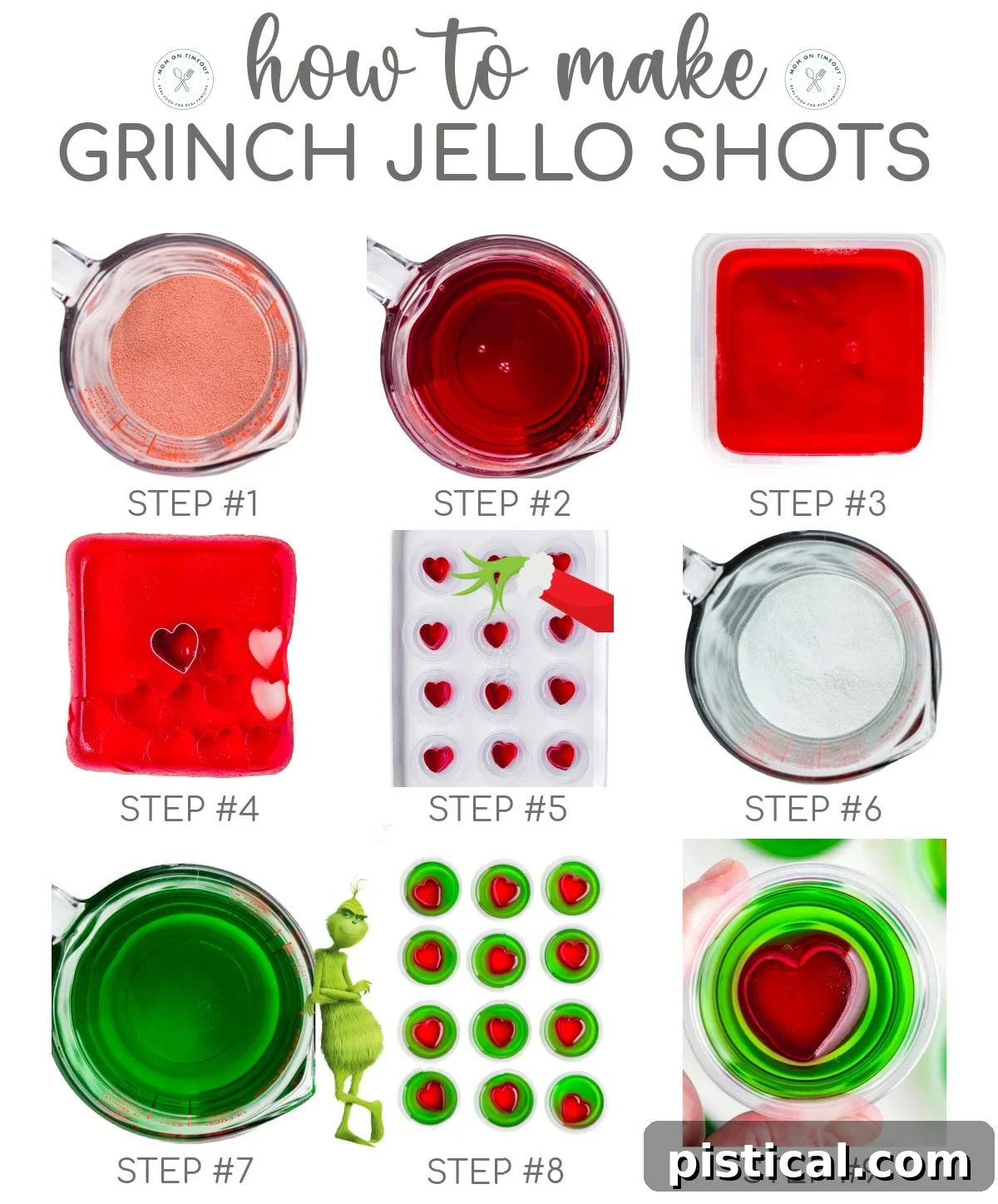 A 9 image collage that shows photos of the steps for making grinch jello shots recipe.