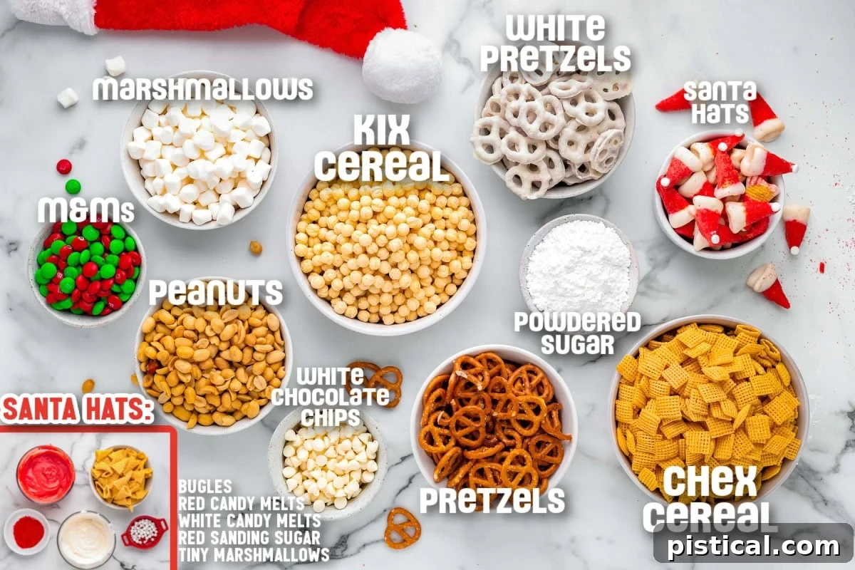 Overhead shot of all the individual ingredients used in Santa's Snack Mix, neatly measured out into small bowls with text labels for easy identification.