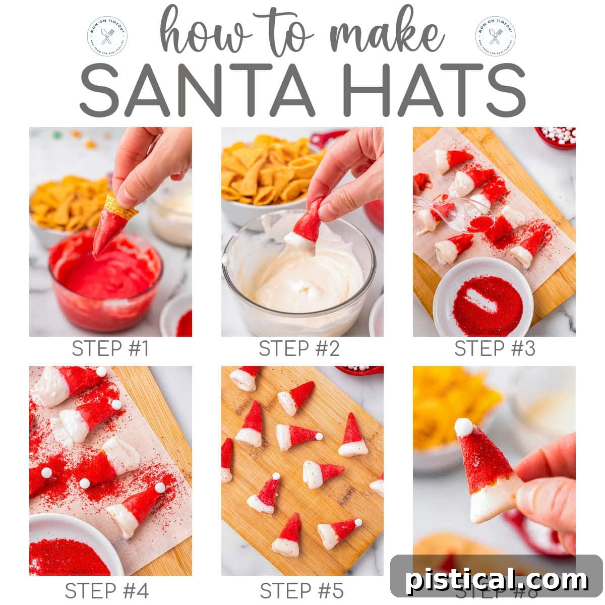 A six-image collage visually demonstrating the step-by-step process of how to make charming Santa Hats using Bugles, candy melts, and sprinkles.