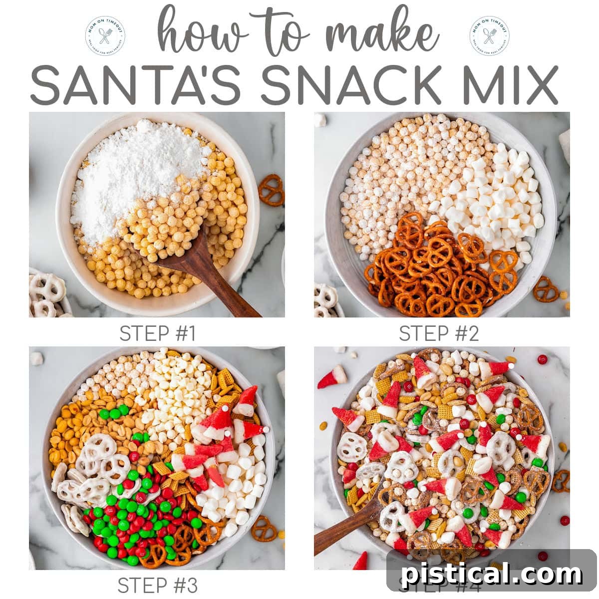 A four-image graphic illustrating the simple steps involved in assembling Santa's Snack Mix, from combining ingredients to the final festive mix.