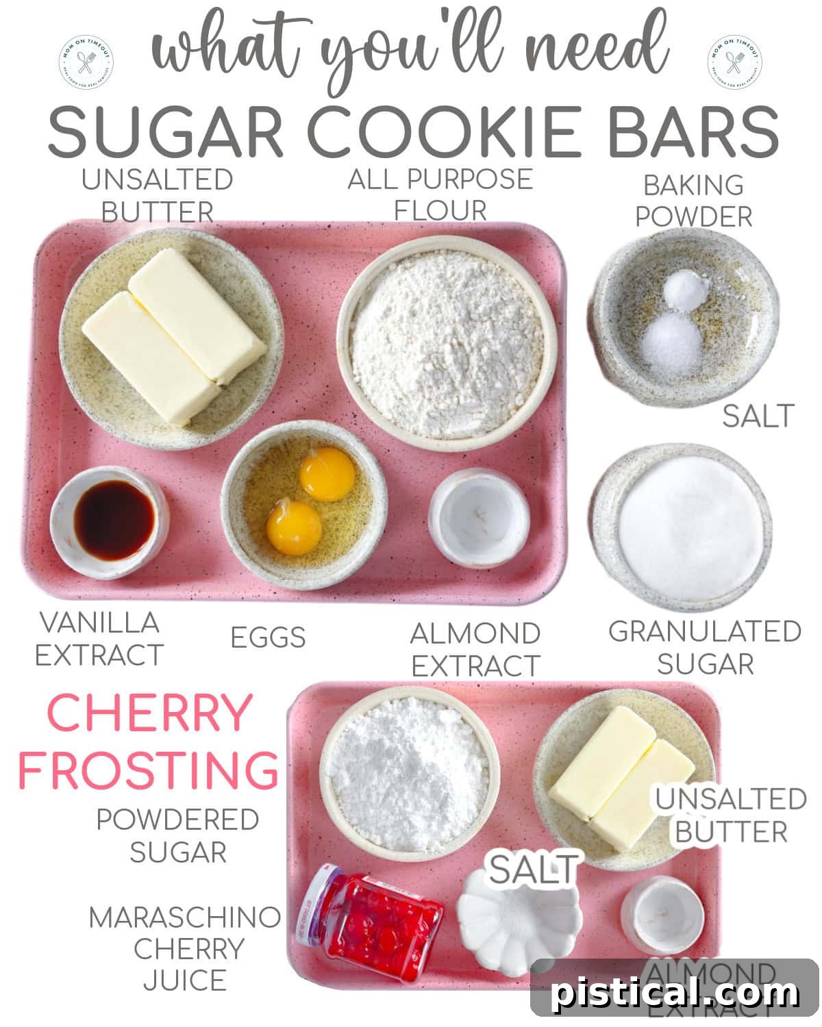 ingredients for sugar cookie bars laid out and labeled for both the bars and the frosting. 
