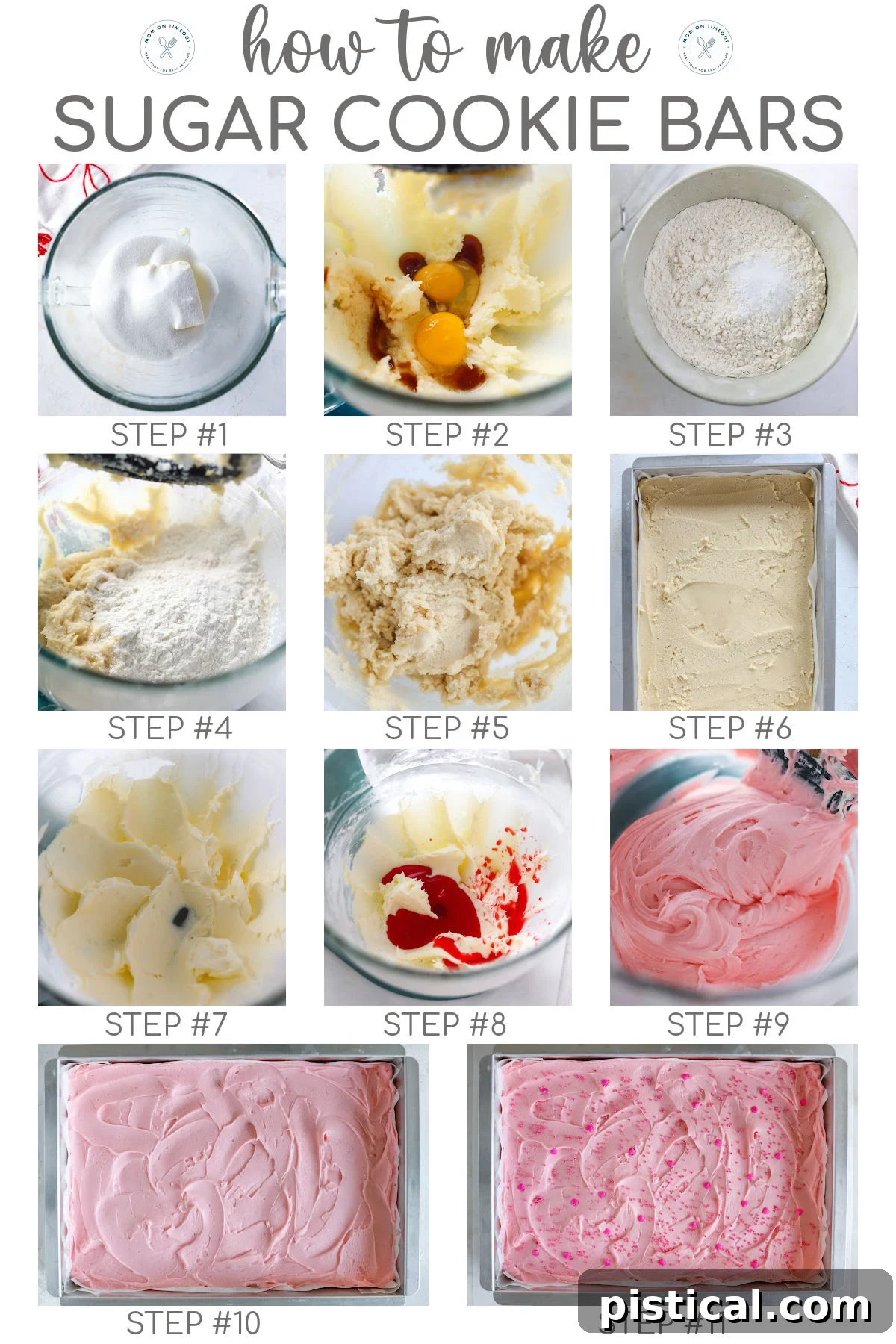 Eleven image collage showing how to make sugar cookie bars with pink cherry frosting. Graphic has text overlay at the top.