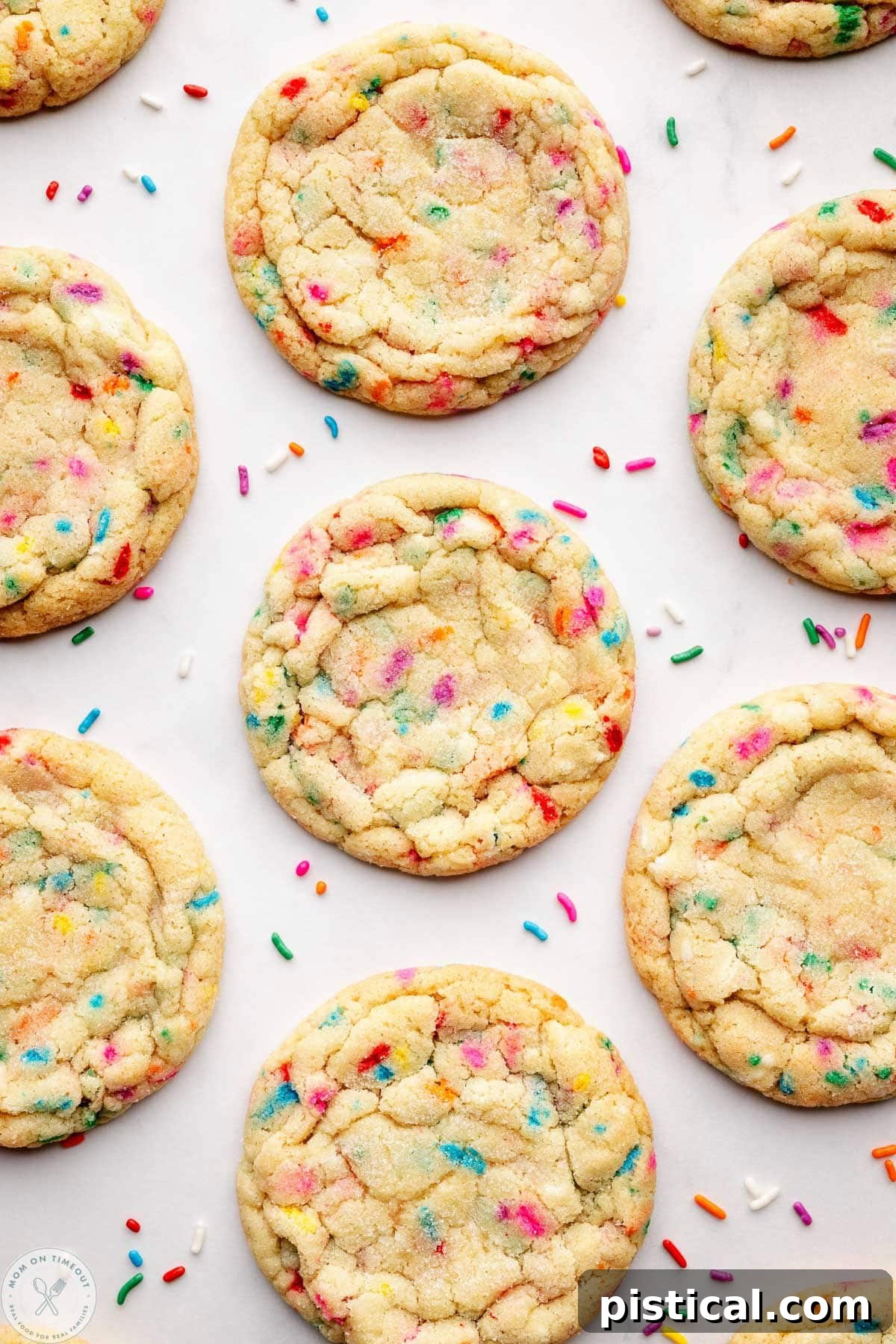 Overhead shot of sprinkle cookies spaced out on white surface with jimmies scattered about.