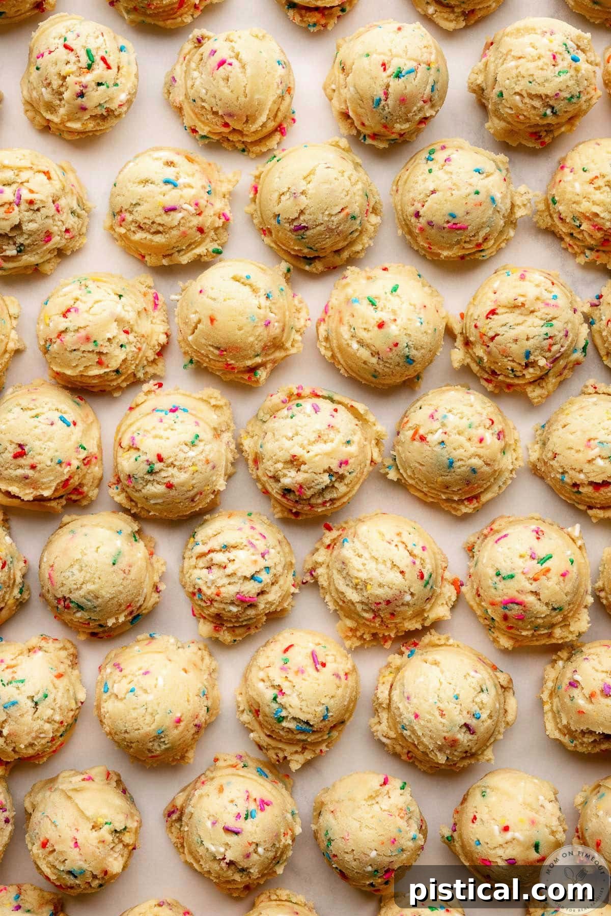Overhead shot of funfetti cookie dough balls on baking sheet ready to be baked.