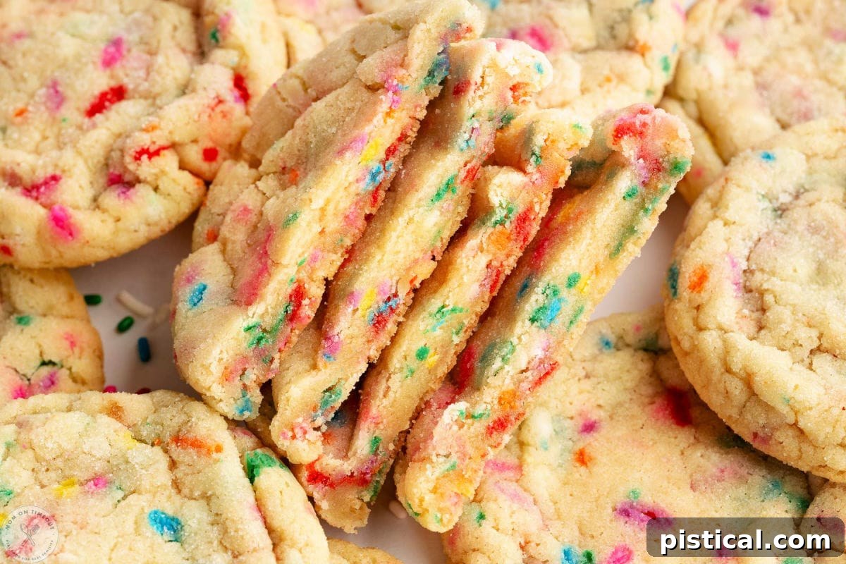 Wide shot of cookies cut in half and stacked. These cookies are sitting on even more sprinkle cookies.