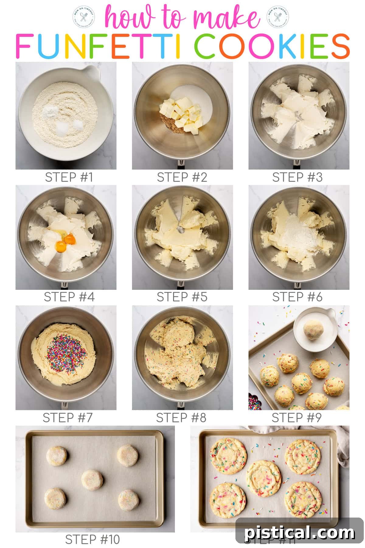 Eleven image graphic showing how to make funfetti cookies step by step. Text overlay at top of image. 