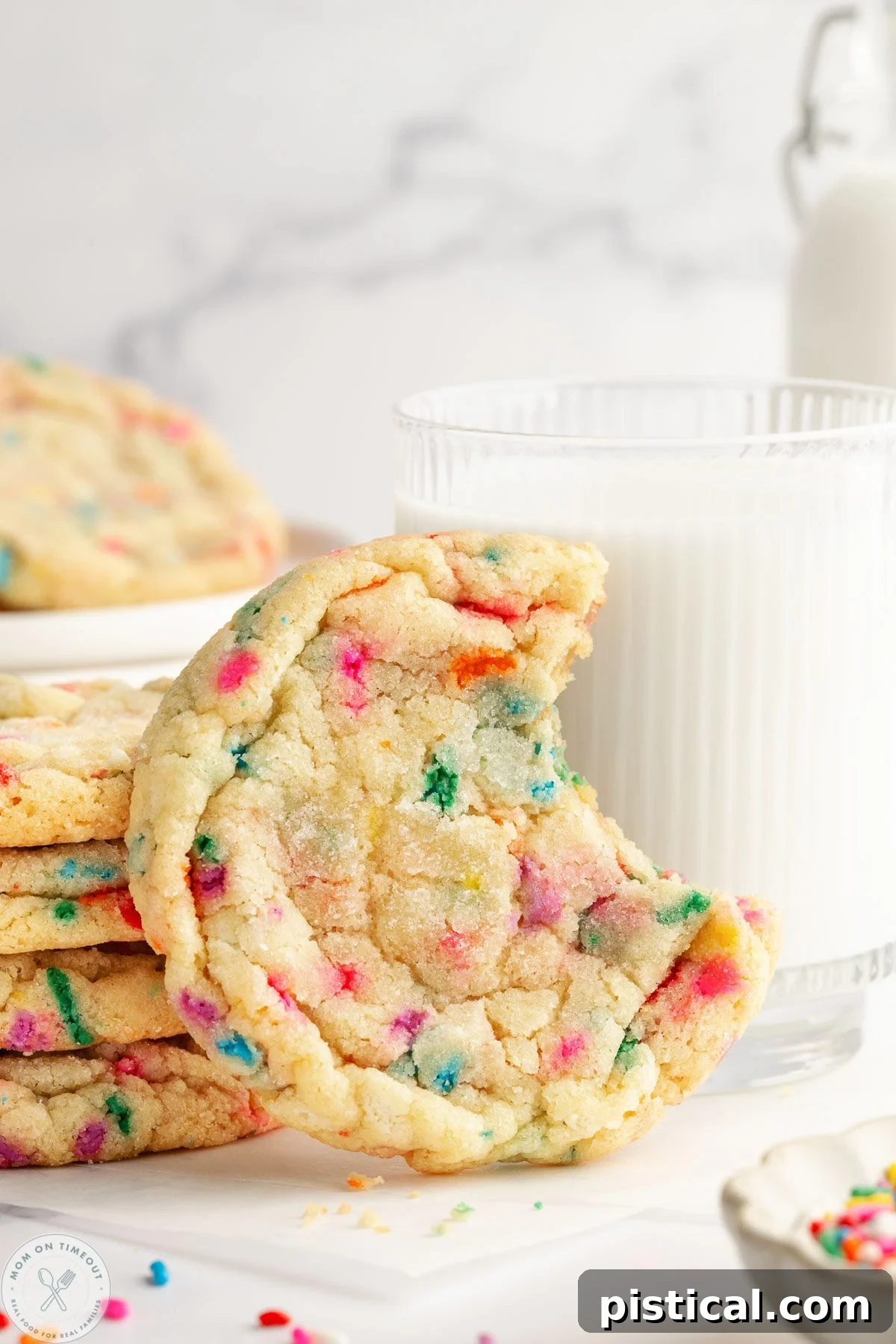 Single funfetti cookie with bite out of it sitting in front of glass of milk.