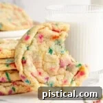 Single funfetti cookie with bite out of it sitting in front of glass of milk.