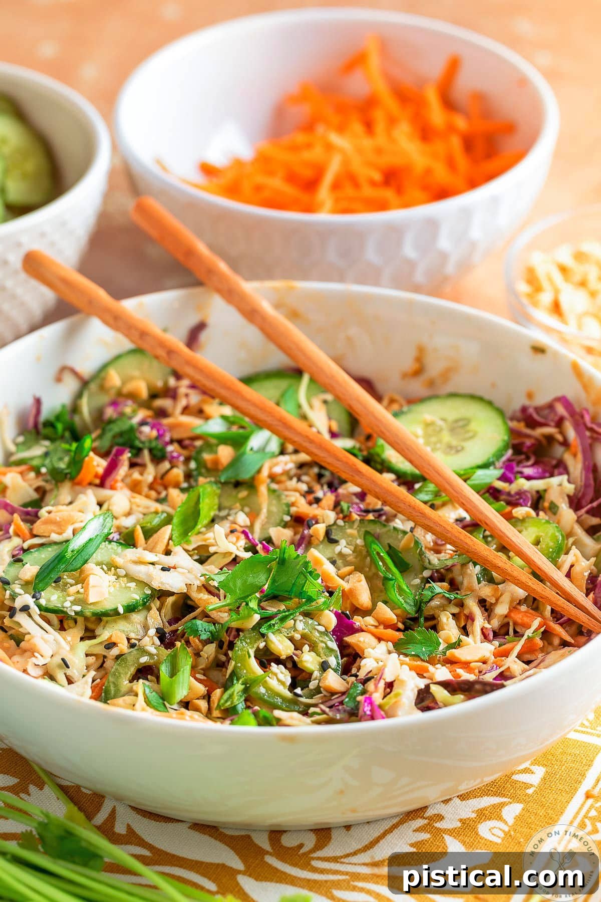 Shot of low white bowl with Thai salad recipe with peanut dressing missed together.