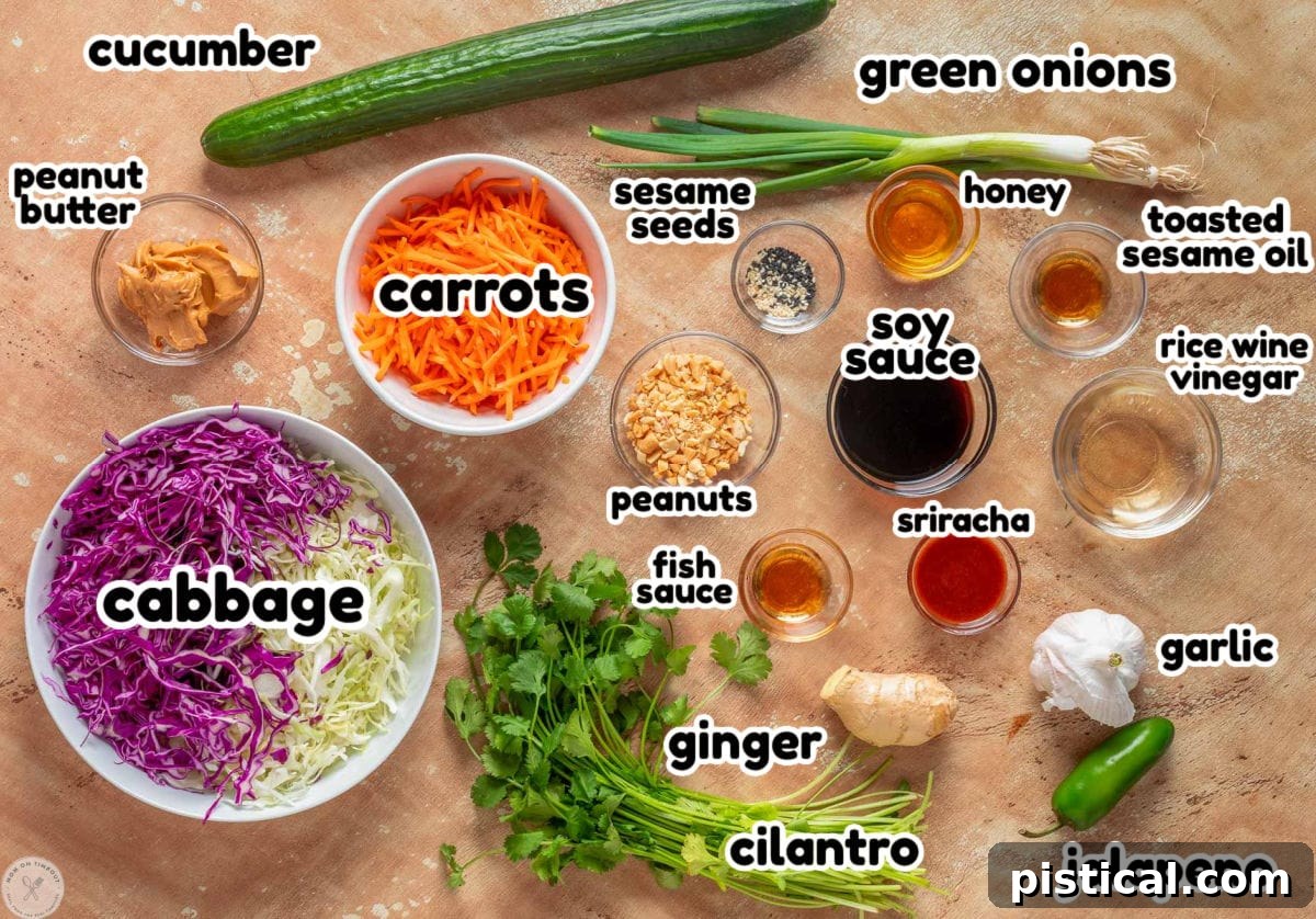 Overhead shot of thai salad and thai peanut dressing ingredients laid out on surface and labeled.