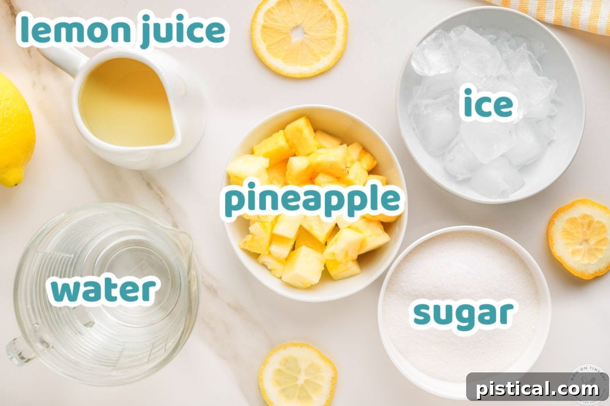 Overhead shot of pineapple lemonade ingredients laid out, labeled, and ready to be used in the recipe.