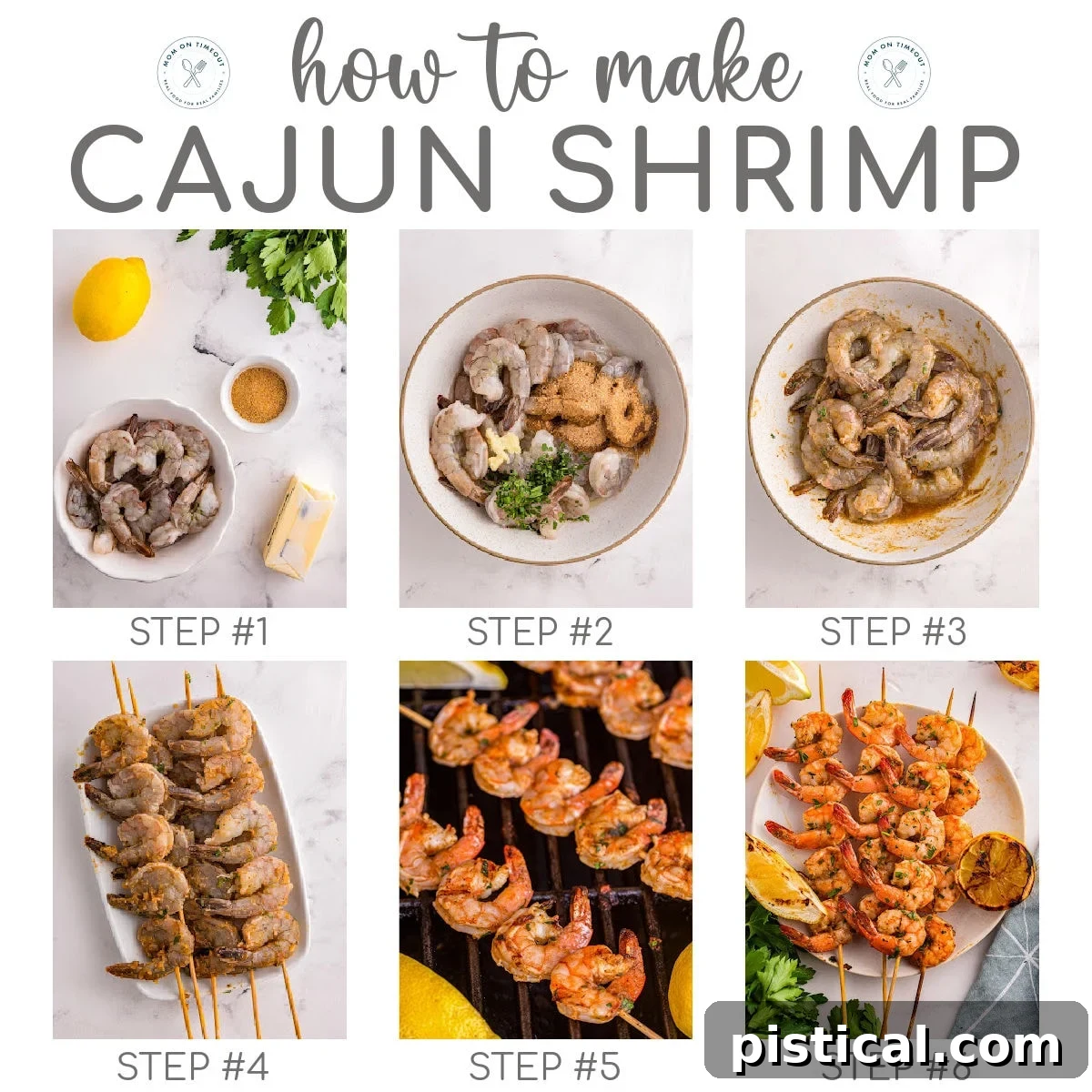 Six image collage showing how to make cajun shrimp.