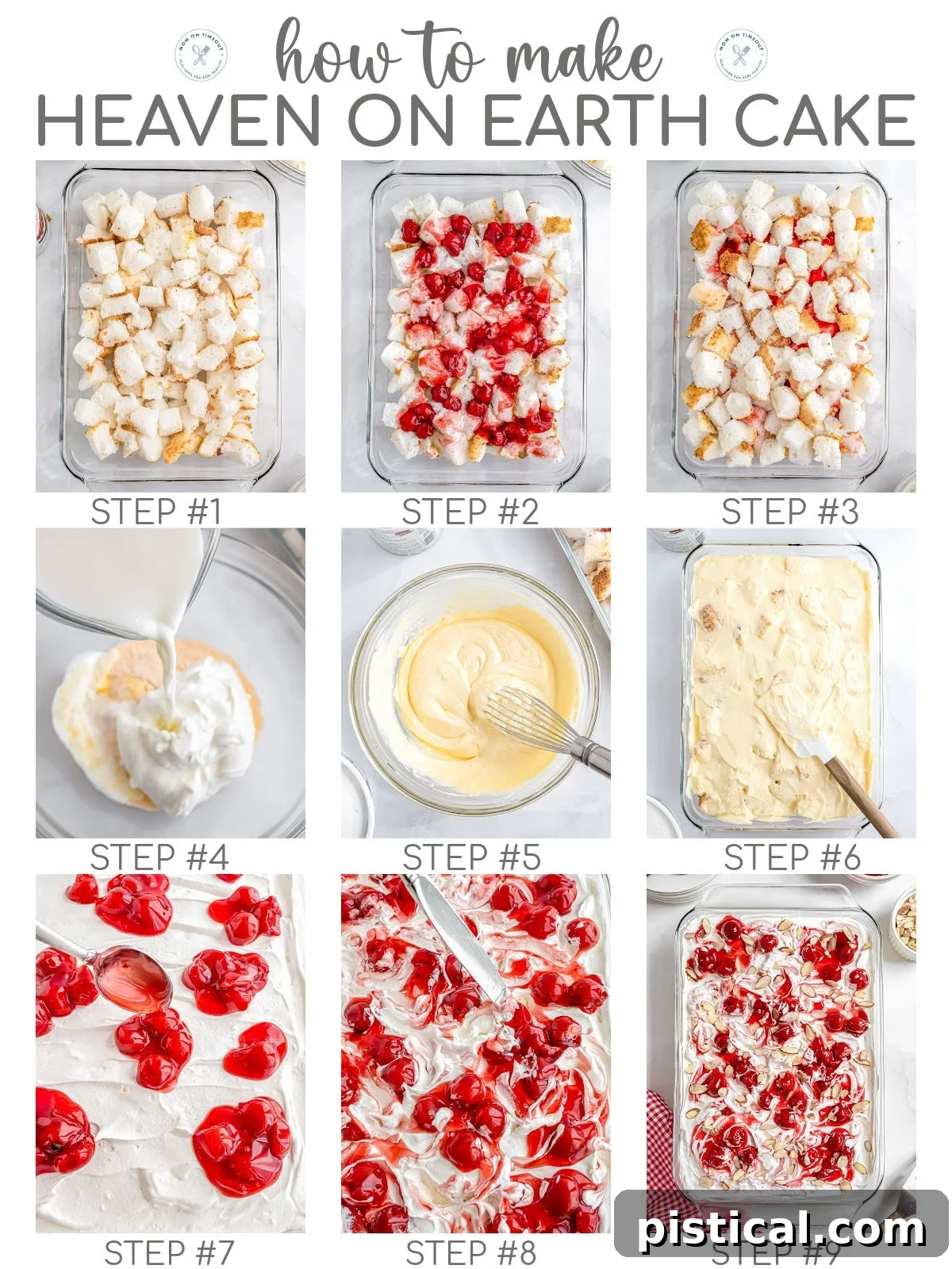 Collage showing step-by-step process of making Heaven On Earth Cake.