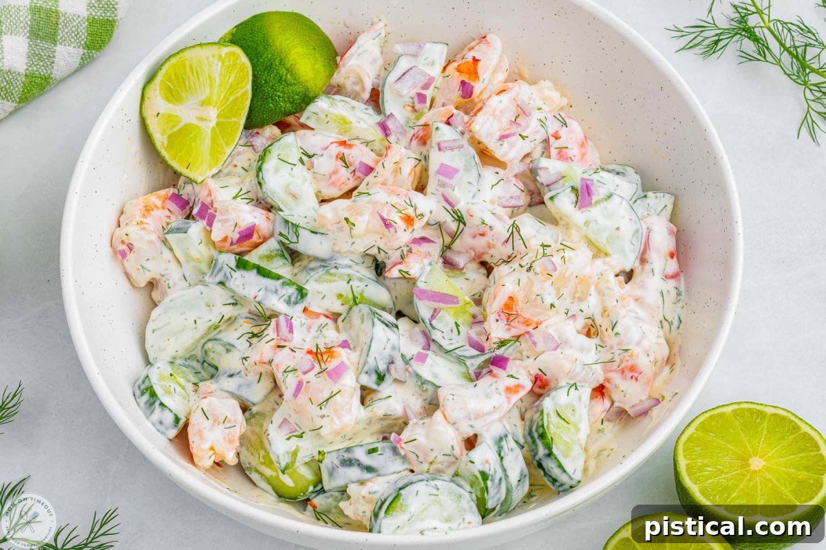 Wide overhead angled shot of cucumber and shrimp salad in a large white serving bowl with two lime wedges off to the side.
