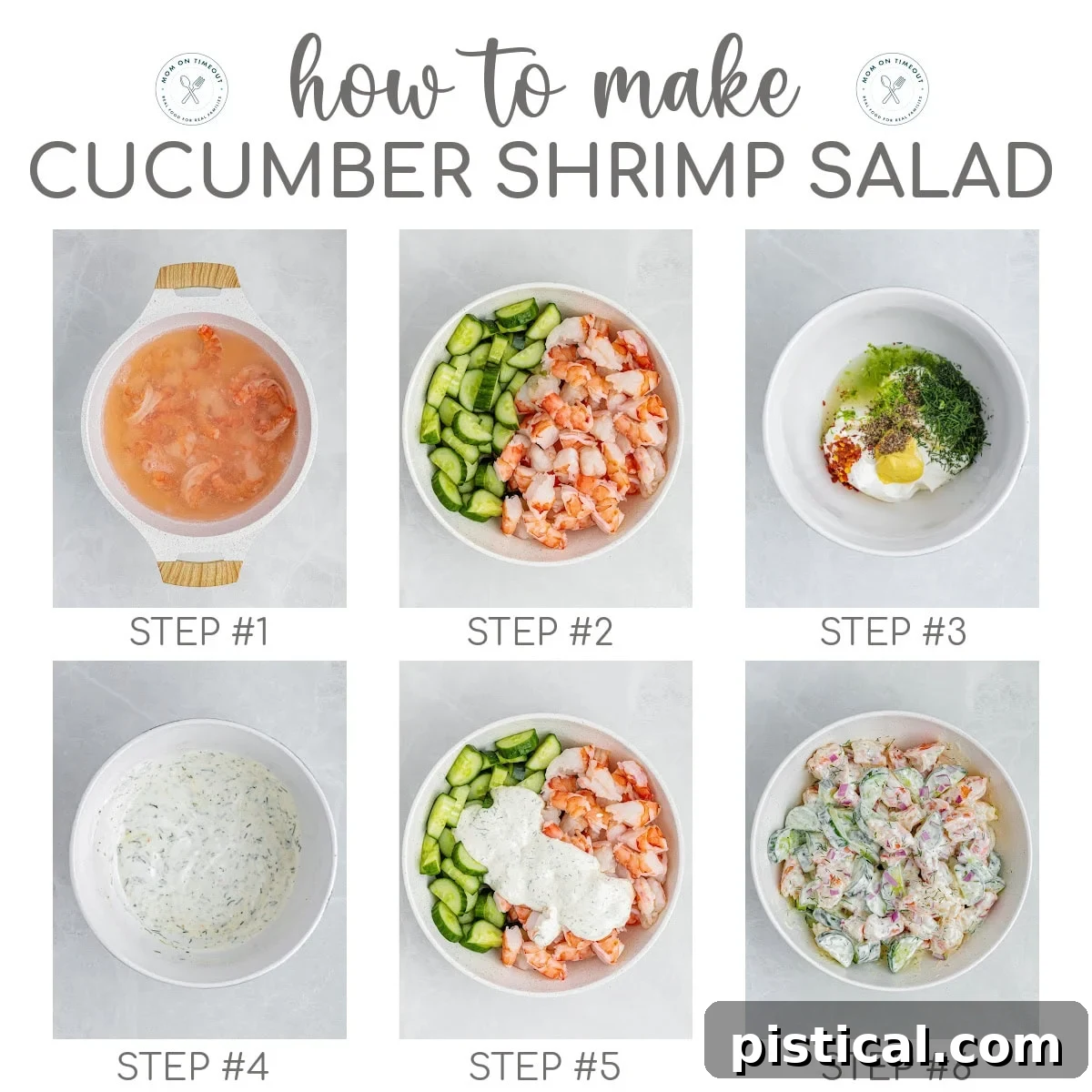Six image collage showing how to make cucumber shrimp salad step by step. Text overlay at the top of the collage.