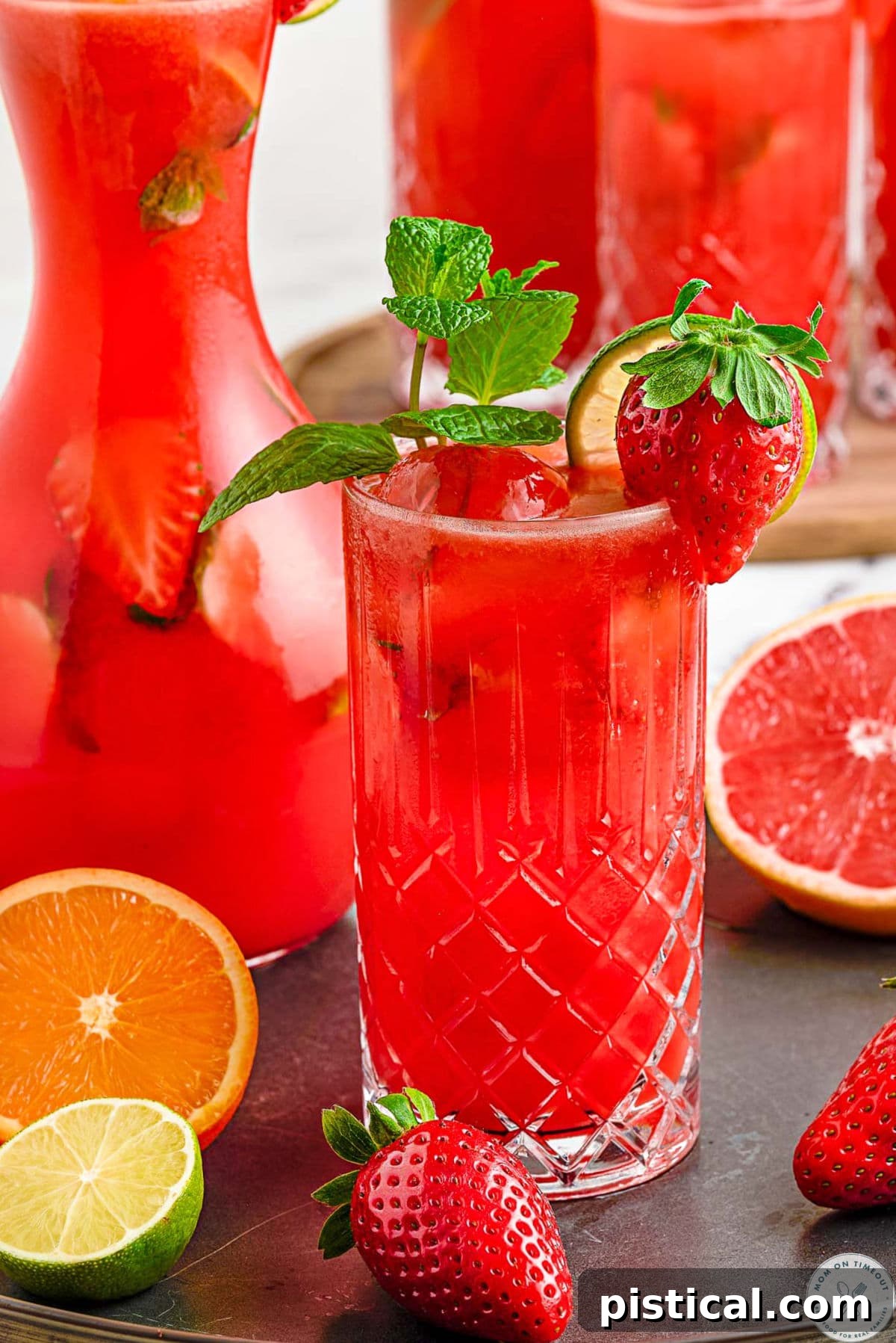Fresh Strawberry Mojito Recipe: Sparkling Summer Cocktail 2 Strawberry mojito drink in a glass garnished with strawberries and fresh mint. Pitcher of mojitos in the background.