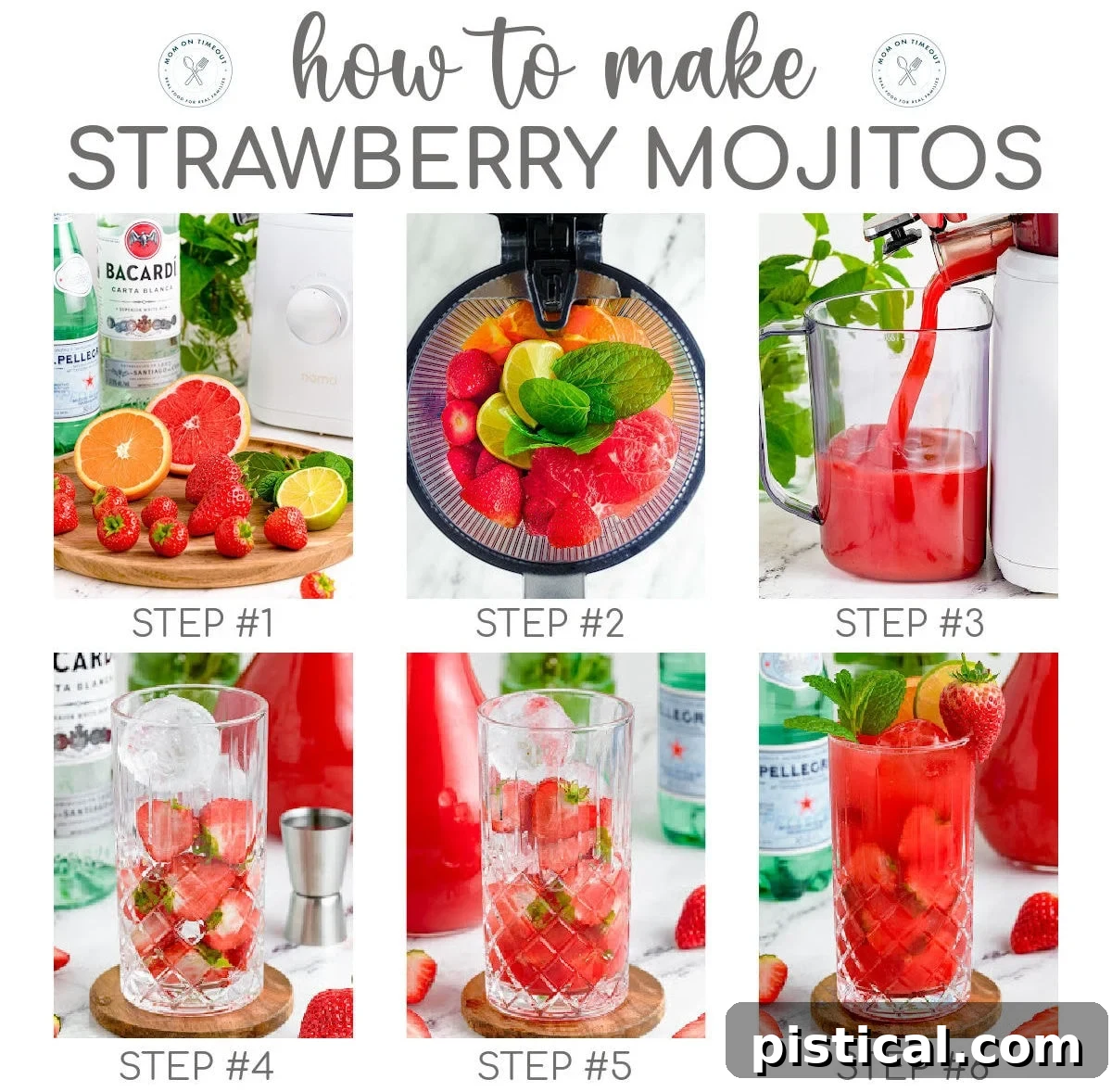 Fresh Strawberry Mojito Recipe: Sparkling Summer Cocktail 5 Six image collage with text overlay at top showing how to make strawberry mojitos step by step.
