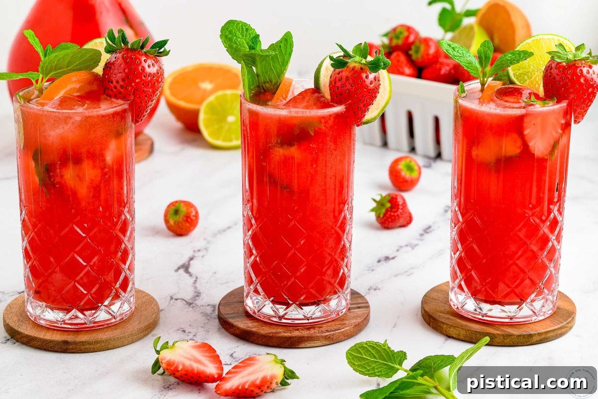 Fresh Strawberry Mojito Recipe: Sparkling Summer Cocktail 8 Wide shot of three strawberry mojitos in tall glasses garnished with lime slices, mint, and strawberries.