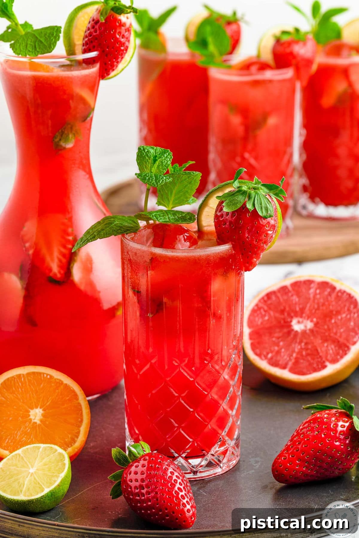 Fresh Strawberry Mojito Recipe: Sparkling Summer Cocktail 9 Pulled back shot of glass of strawberry mojito drink with three more glasses filled and a pitcher in the background. Orange slices, lime slices and strawberries are scattered about.